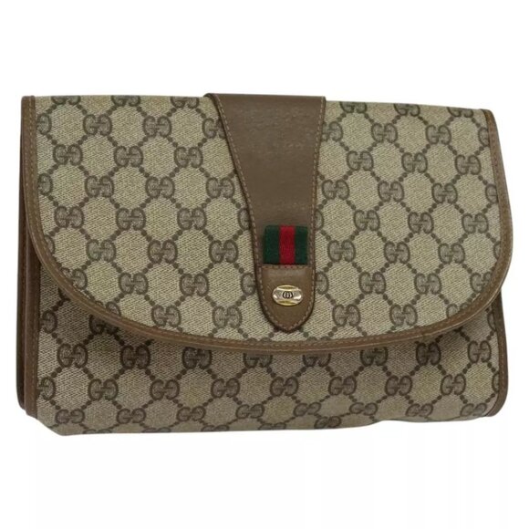 GUCCI GG Supreme Web Sherry Line Clutch Bag PVC Beige - Picture 1 of 16